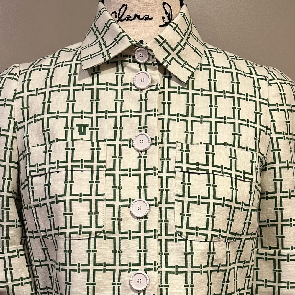 Tara Jarmon Christine Woven Chain Link Logo Pattern Collar Button Front Top - Picture 4 of 14